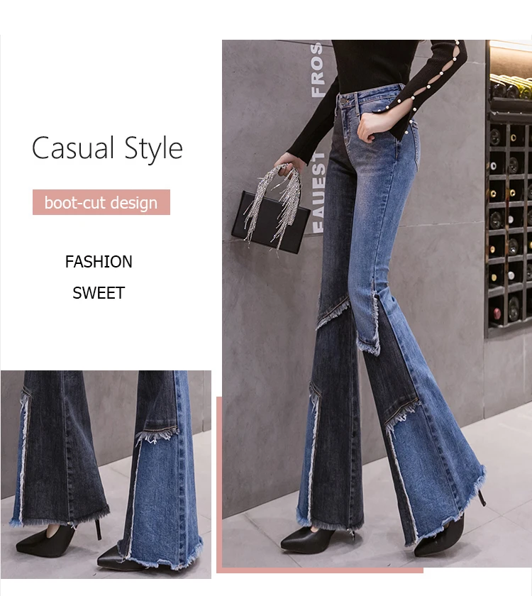 Vintage Patchwork Flared Jeans Ladies Stretch High Waist Skinny Boot-Cut Denim Trousers Mujer Fashion Denim Pants For Women 2021 gap jeans