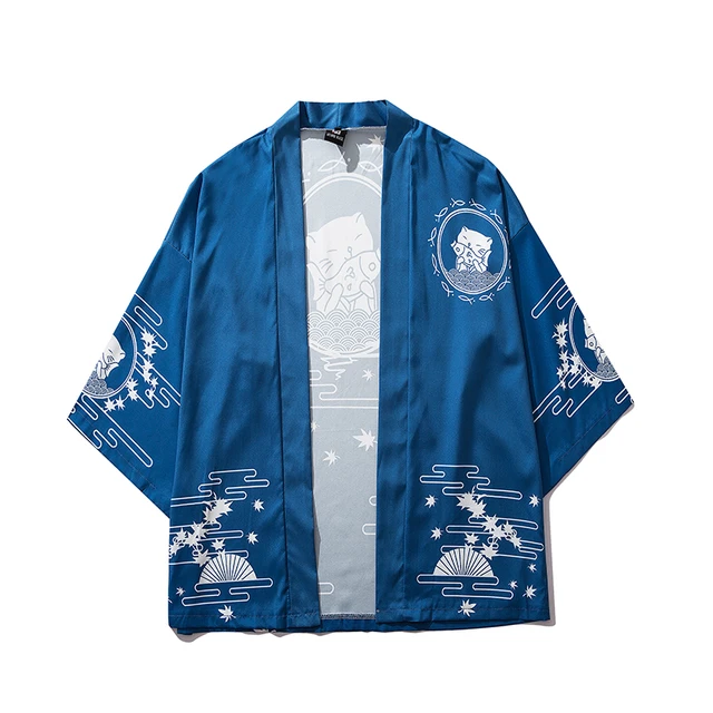 Bebovizi Japan Style Cat Printed Thin Kimono Men Japanese Streetwear Blue Jackets Casual Outerwear 2021 1