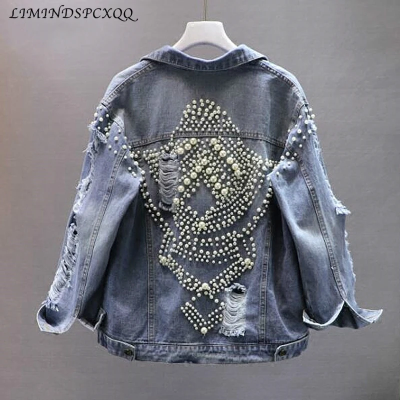 

Vintage Women Cool Frayed Holes Pearls Beading Denim Jacket Loose Jeans Jacket Coats Female Streetwear Outerwear Chaqueta Mujer