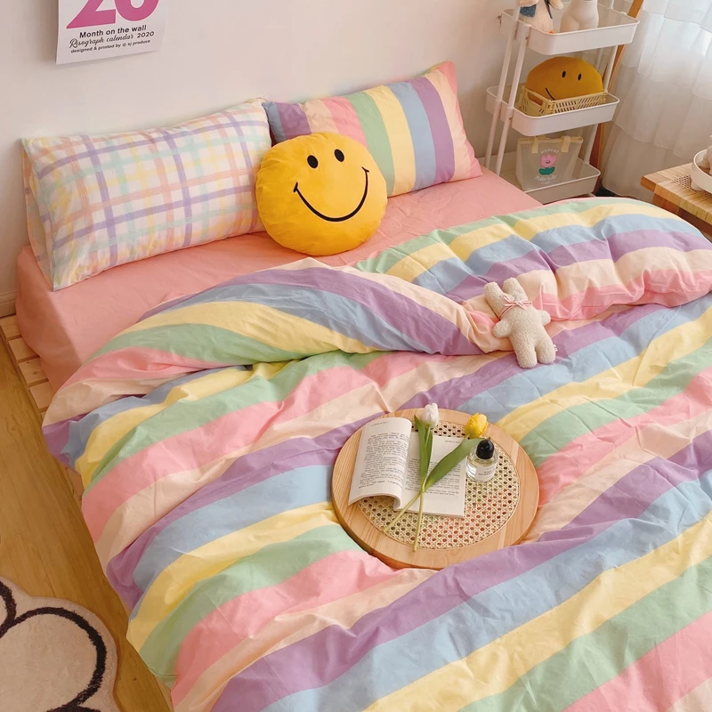Kawaii Fashion Rainbow Bedding Set 100 Cotton Flat Bed Sheet And Pillowcases Luxury Korean Style Princess Full Queen Bed Sets Bedding Sets Aliexpress