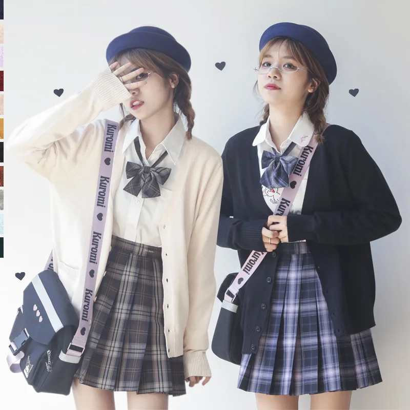 

Japanese Korean Women Long Sleeve JK School Sweater V-Neck Knitted Cardigan Sailor Sweater Cosplay Schoolgirl Uniform Multicolor
