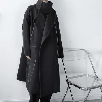 

New Male Japan Streetwear Black Wool Cardigan Jacket Overcoat Men Autumn Winter Woolen Long Trench Coat Outerwear