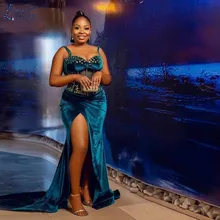 

LAYOUT NICEB Blue Velvet Plus Size Luxury Elegant Party Evenig Dresses 2022 Sexy Spaghetti Strap African Mermaid Split Prom Gown