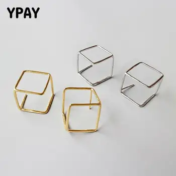

YPAY 100% Real 925 Sterling Silver Stud Earrings for Women Korean Designer Geometric Hollow Square Earring Fine Jewelry YME294