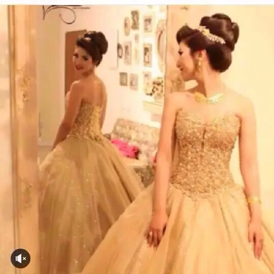 

Acutal Image Gold Tulle Lace Appliqued Crystal Beading Prom Dress Ball Gown Puffy Custom Size and color