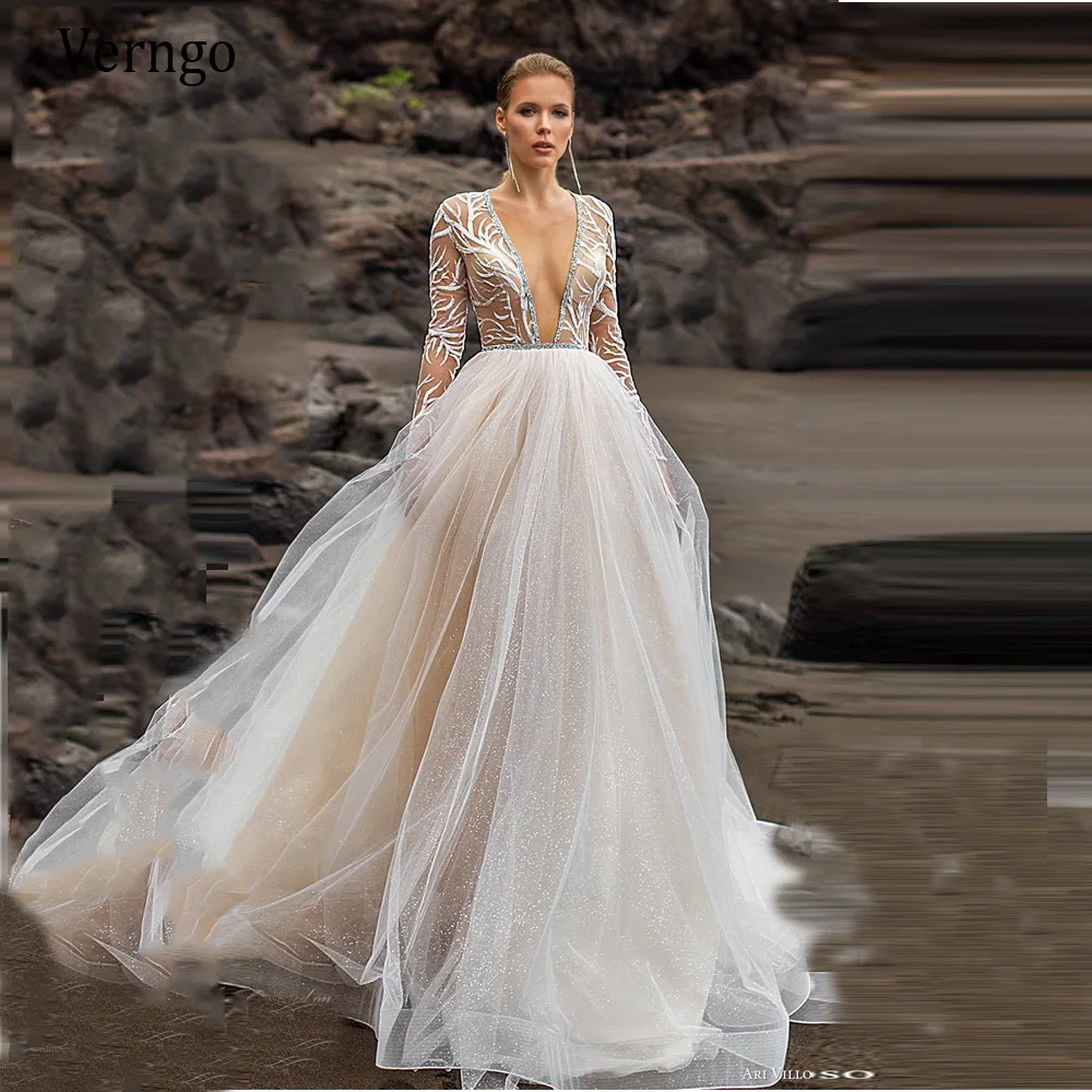 

Verngo Beach A Line Wedding Dress Long Sleeves V Neck Bride Gowns Lace Nude Lining Korea Wedding Gowns Fluffy Glitter Tulle
