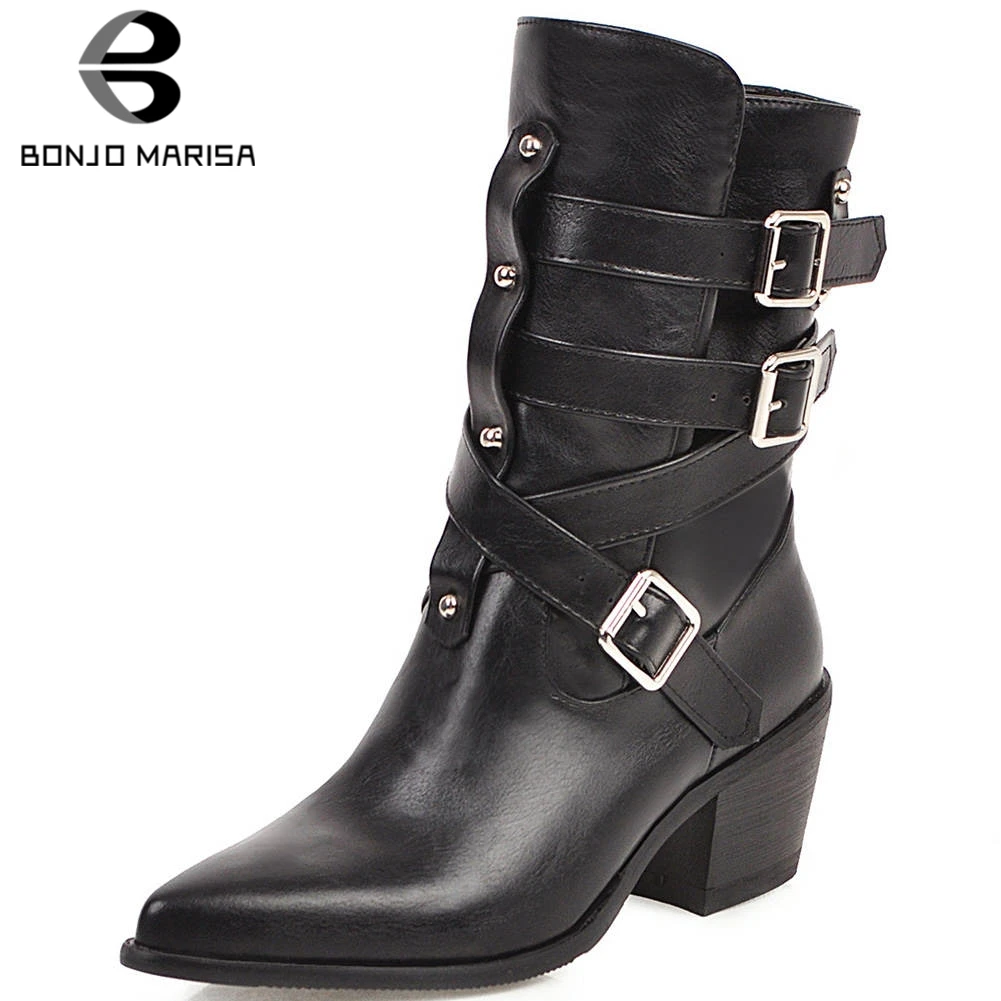 

BONJOMARISA Plus Size 33-48 Western Metal Decorating Booties Ladies Cool Pointed Toe Ankle Boots Women High Heels Shoes Woman
