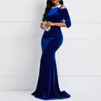 

Vintage Party Dinner Elegant Luxury Sexy Ladies Women Long Dresses Plus Size Blue Ruffle Bodycon Female Prom Evening Maxi Dress