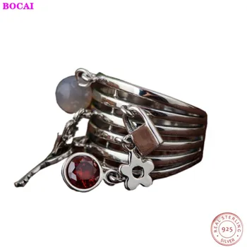 

S925 sterling Silver women's rings Antique Thai silvercraft female ring for women fashion wide version key lock zircon tassel