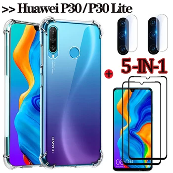 

5in1 For funda, glass+ Case for P40 Lite E Huawei P30 Lite Clear Silicone Phone Case Huawei P 30 40 Lite 4G 5G Cover for P40Lite