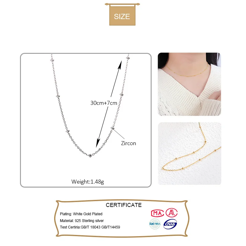 Bead Necklace Real 925 Sterling Silver Jewelry Gold Chain Short Necklace Sweet Gift For Women Party Jewelry DS895