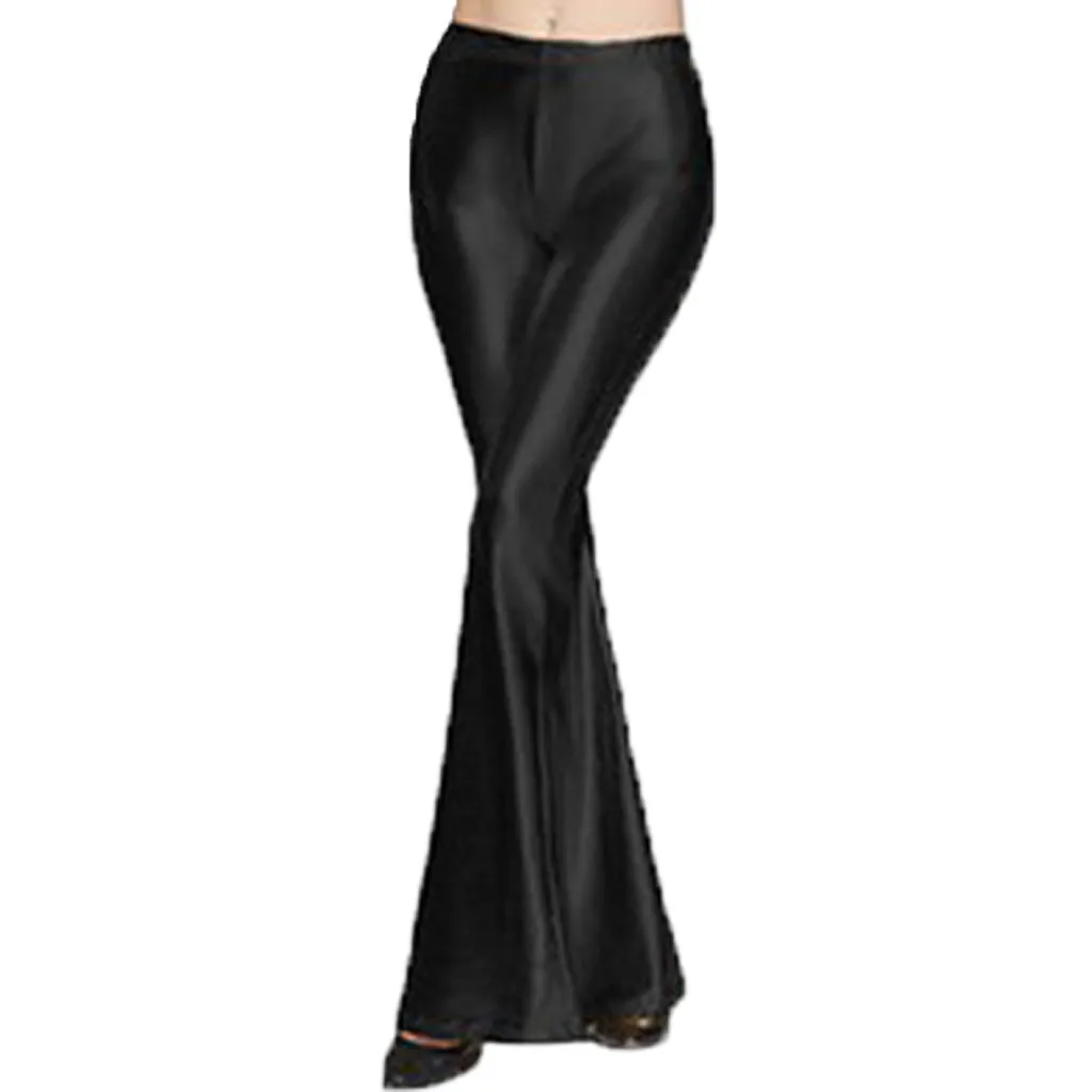 Модные женские блестящие расклешенные брюки цвета металлик, однотонные брюки с высокой талией и расклешенной подошвой, Disco pantalones mujer# guahao