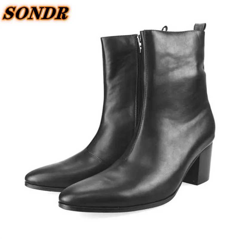 Fashion Men Ankle Boots Soft Leather Men Pointed Toe High Heels Waterproof Zipper Shoes Suede Comfortable Chelsea Boots