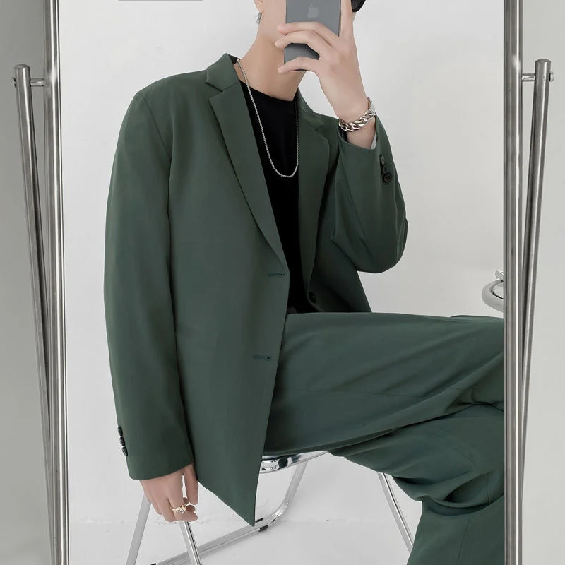 IEFB Men's Suit Two Pieces Set Simple Light Mature Loose Long Sleeve Suit Coat + Pants Green