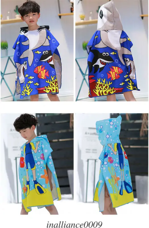 Children Cute Cartoon Hooded Cloak Beach Towel Microfiber Toddler Kids Girls Boys Summer Swimming Swimwear Bath Tool 120*60cm