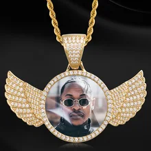 Custom Personalised Made Photo/ Crystal Angel Wings Pendants Necklaces 3Colors Gold Cubic Zircon Men's Hip Hop Jewelry with Box