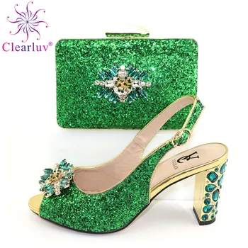 

Latest Design Women Summer Autumn Skid-proof Square Toe Shoe Hot Sale New Fashion Rhinestone Woman Shoes and Purse Set