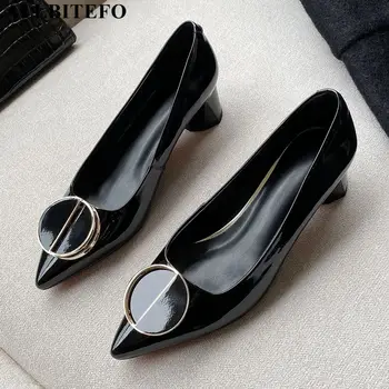 

ALLBITEFO natural genuine leather women heels shoes fashion thick heel high heel shoes high heels women Talons hauts femme