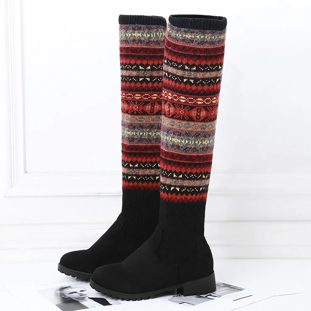 Spring Winter New Women Winter Warm Med Heels Cool Retro Slip On Kneeth Sexy Snow Boots Shoes long boots sock boots#O18