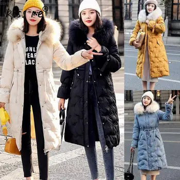 

Fashion Solid Mid Long Outdoor Down Jacket Female Hooded Winter Autumn Down Coat Casual Loose Ladies Cotton Clothes Camping Suit