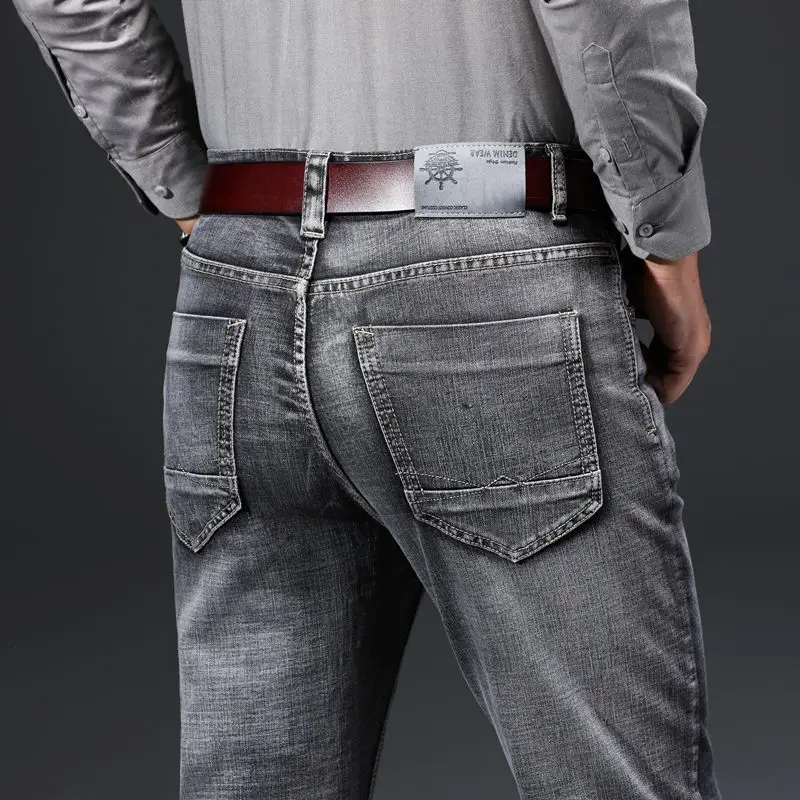 Осенние Новые Классические Стильные мужские облегающие серые джинсы деловые модные маленькие прямые джинсовые эластичные брюки мужские Брендовые брюки