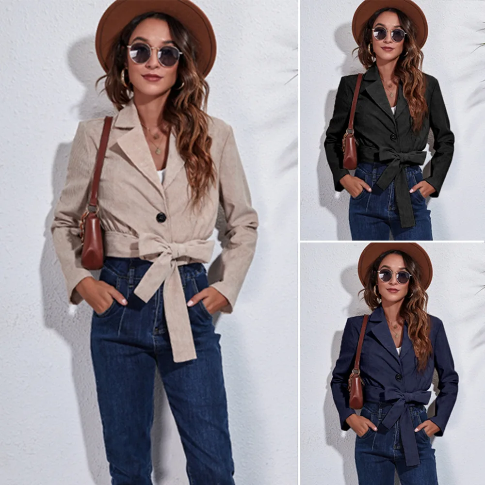 

Uniquely Designed Suit-Collar Corduroy Jacket for Fall Winter Long-Sleeved Belted Women's Short Jacket