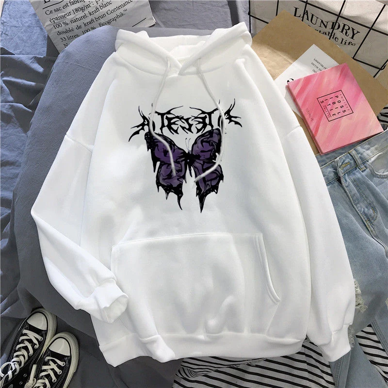 hoodie fashion Winter Gothic Style Hoodie Ladies Sweatshirt Harajuku Butterfly Print Hooded Aesthetic Hoodie Spring Ladies Hoodie Streetwear comfy hoodie