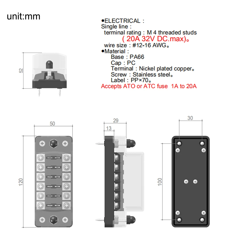 32V постоянного тока с источником питания от постоянного тока, 6-way Вход и Выход ATO или ATC предохранитель 1A для 20A для авто морской катер трехколесного велосипеда универсальный автомобильный держатель предохранителя