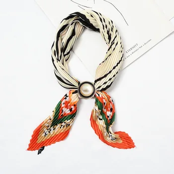 

Solid Color Small Bandana Women Silk Crinkle Scarf Pleated Neckwear Pearl buckle