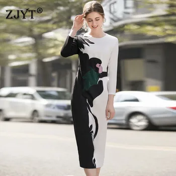

High Street Runway Fashion 2020 Spring Dress Women Elegant Long Sleeve Color Block Diamonds Midi Straight Office Party Dresses