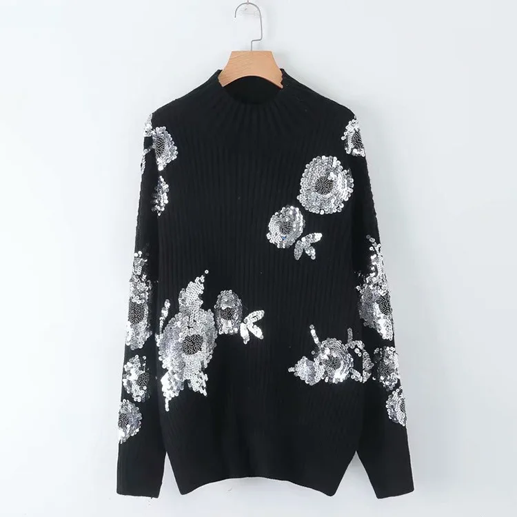 

Overplus of Goods Exported to Europe And US Autumn And Winter WOMEN'S Knitwear Women's Handmade Sequin Decoration Flower Sweater