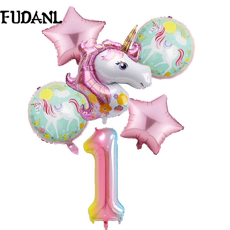 6pcs/lot Unicorn Balloon Rainbow Gradient 32 inch Number 1 2 3 4 5 6Th Boy and Girl Birthday Wedding Party Balloons Decorations