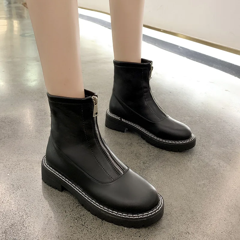 

Martin Boots Women's 2019 Front Versatile Zipper Chunky-Heel in New Style England Short Boots Women's Spring And Autumn Single B