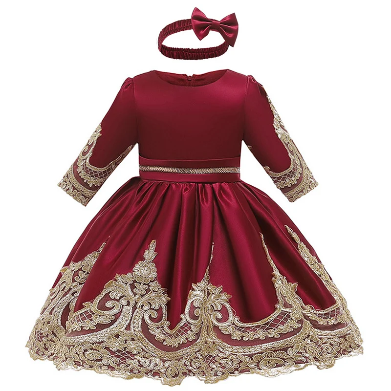 Детское платье с длинными рукавами и цветочной вышивкой для свадебной вечеринки; платье подружки невесты; праздничное платье для первого дня рождения - Цвет: wine red
