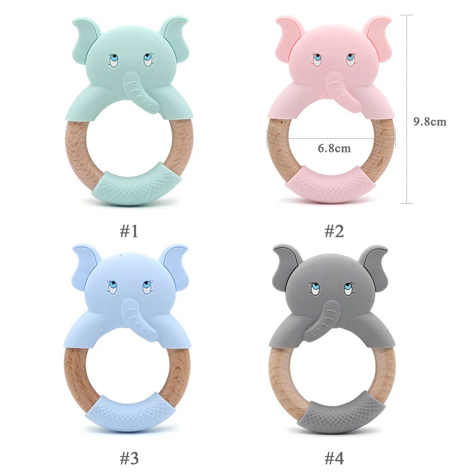 Silicone Sheep Elephant Beech Wooden Teether Wooden Teething Ring Cute Baby Rattles Teething Toy For Baby Nursing Pendant