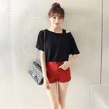 Прямая поставка; Летняя женская футболка с коротким рукавом и открытыми плечами; однотонная свободная Милая Повседневная Верхняя одежда; быстросохнущая Базовая Блузка