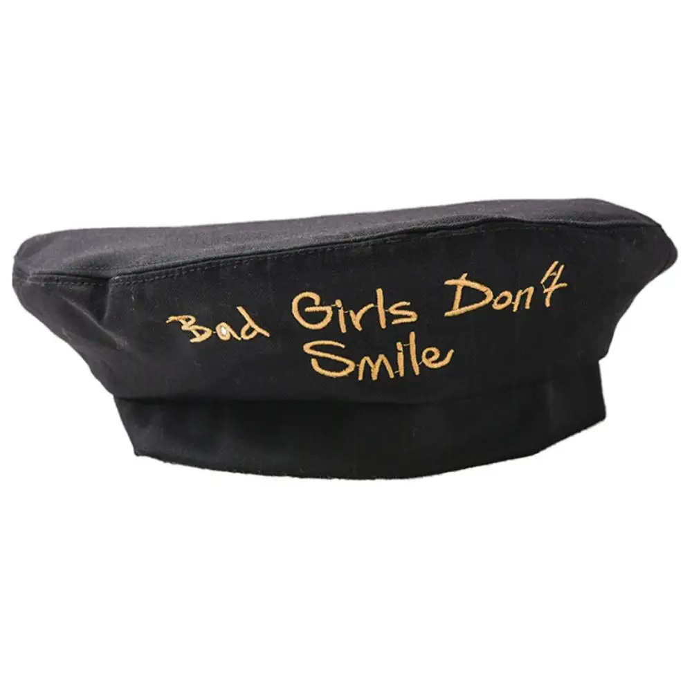 Женская лента бант берет шапка Bad Girls Dont Smile Письма Вышивка темно-синяя шляпа D08E - Цвет: BK