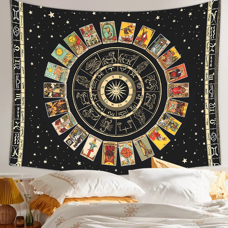 Mandala Tarot Card Tapestry Wheel of the Zodiac Astrology Chart & the Major Arcana Tarot Sun and Moon Wall Hanging Home Decor Tapestry Decorations