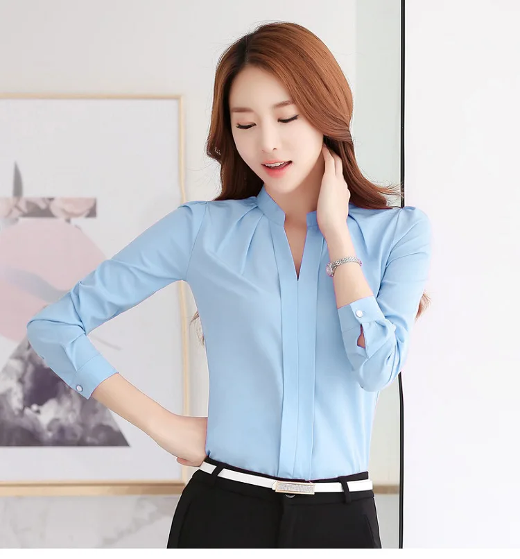 Spring And Autumn New Women's Long Sleeve Shirt Korean V-Neck Casual Solid Color Elastic Chiffon Blouses Thin Slim Top B089
