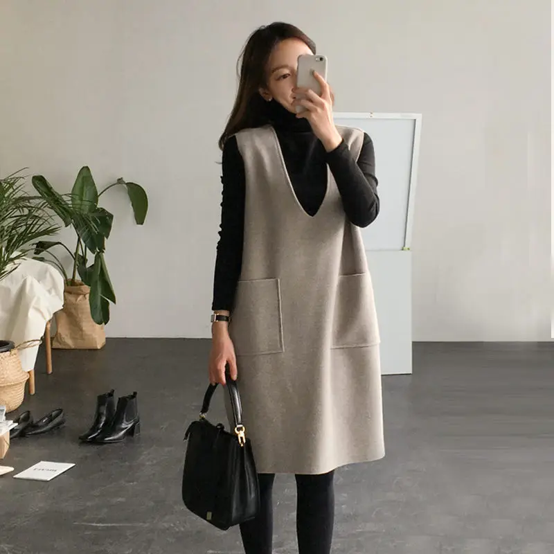 

Plus Size Woman Clothes Autumn Outfit Suits Fashion Winter Long Loose Two-piece Sweater Woolen Sundress Big Size Vest Set f1499