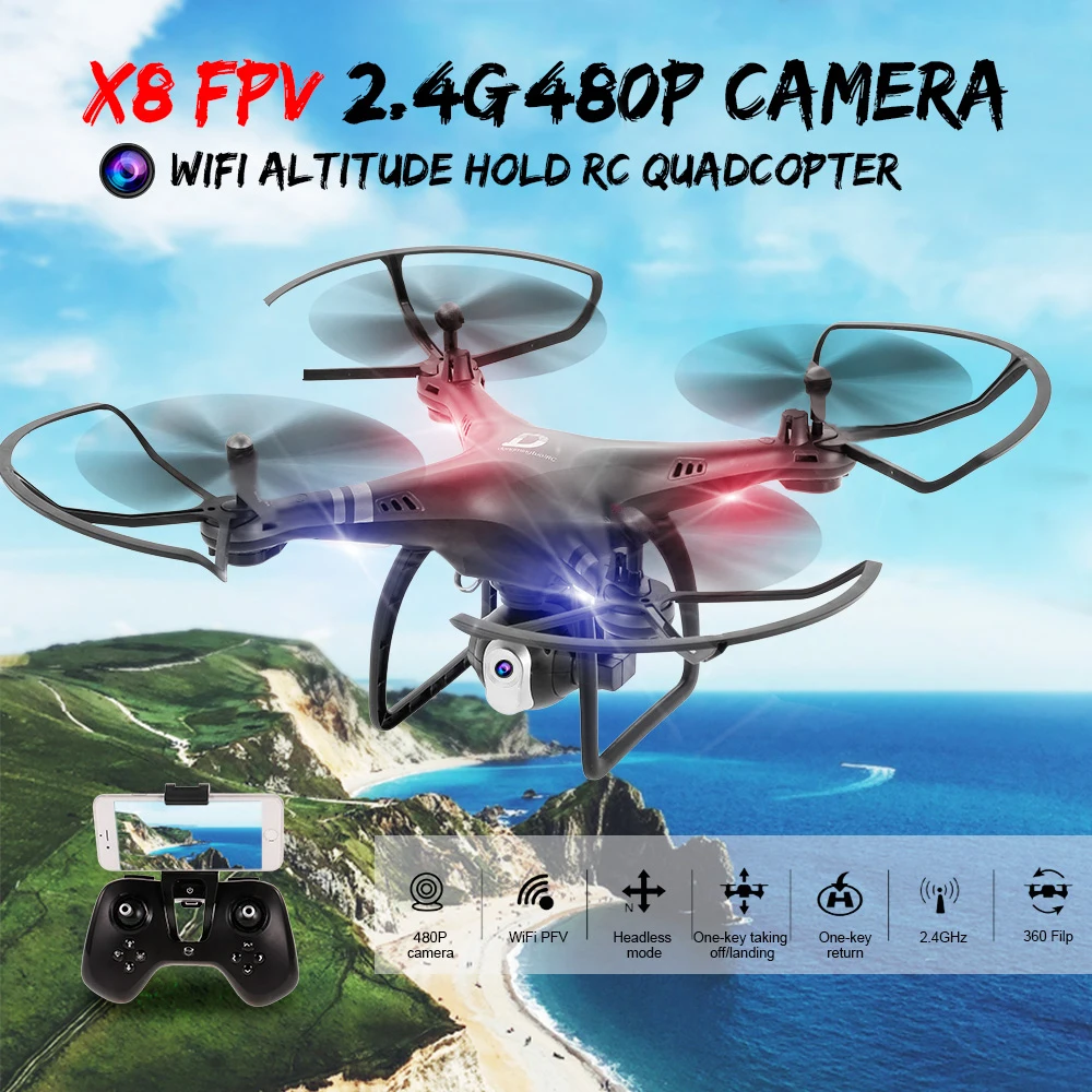 

Dongmingtuo X8 FPV 2.4G 720P HD Camera High Hold Mode Wifi Altitude Hold RC Quadcopter X8 FPV 720P Wifi Drone