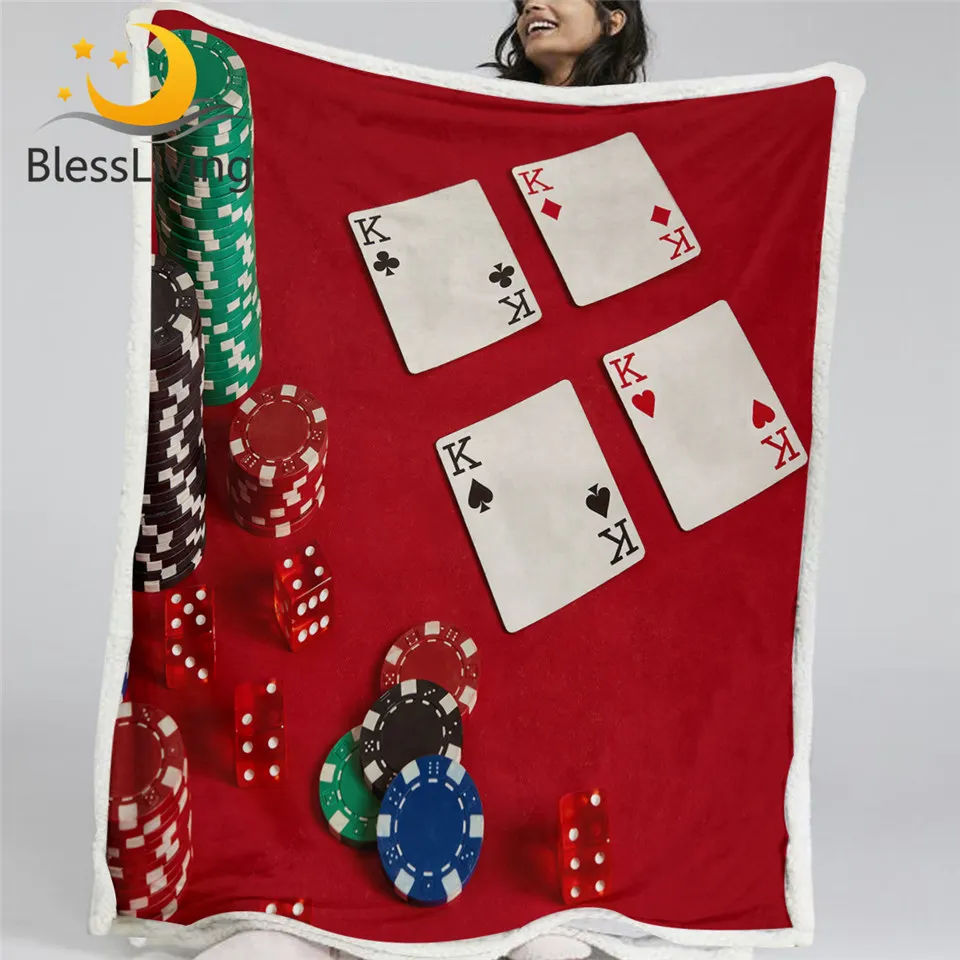 

BlessLiving Poker Sherpa Fleece Blanket Casino Throw Blanket Black Spade Plush Bedspread Red Heart Bedding Dice Home Decor 1pc