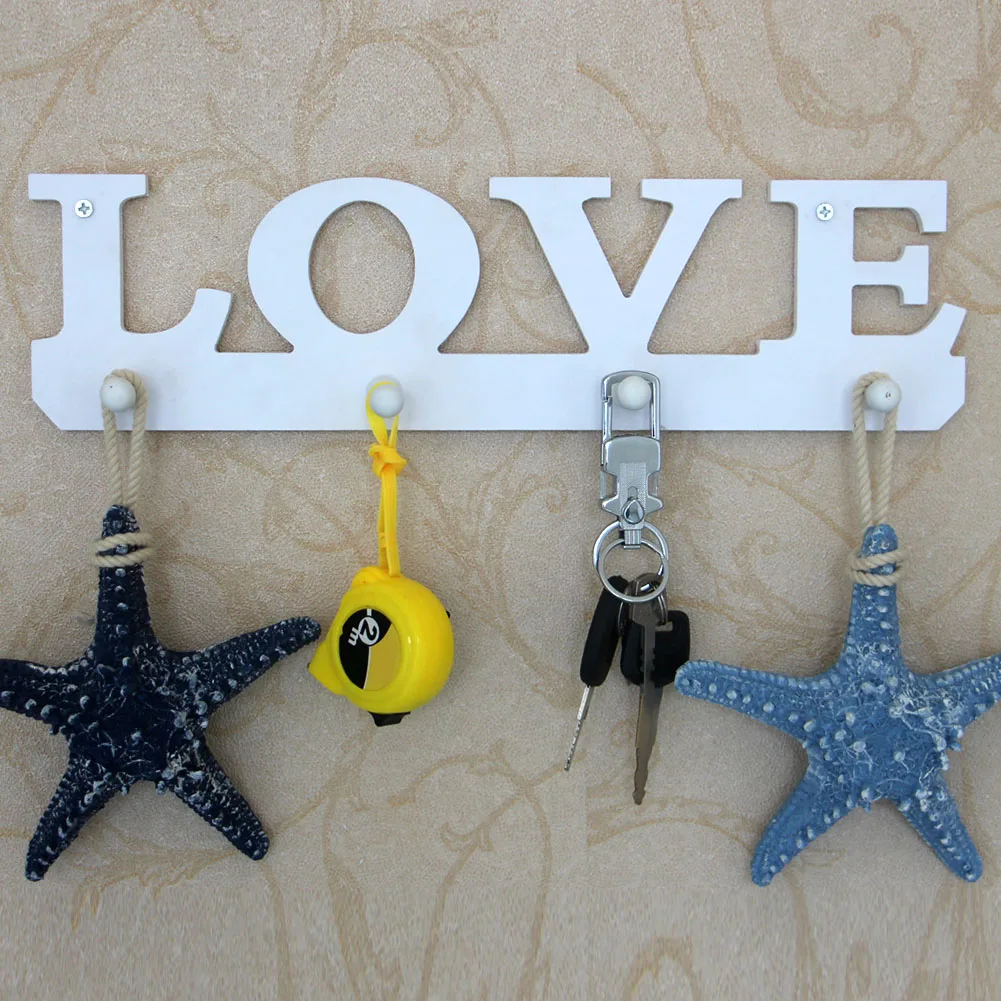 

4 Hooks Wall Mount Key Holder Craft Door Back Rack Clothes Hanger Bathroom Durable Organizer Wooden LOVE Gift Home Decor