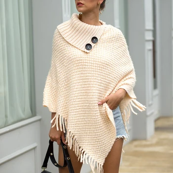 

Ponchos And Capes Woman Winter New Tassel Cloak Shawl Button Half Open Collar Solid Color Pullover Sweater Women Capes