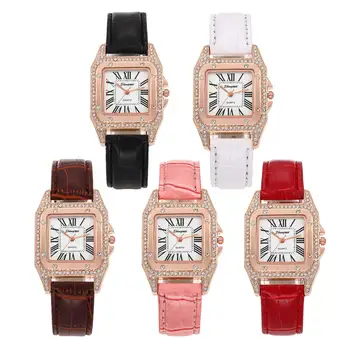 

100pcs/lot Watch Women Ladies Diamond Square Fashion PU Leather Strap Quartz Watch Woman Female Clock Relogio Feminino Wholesale