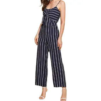 

Women Summer Spaghetti Straps Sleeveless Jumpsuit Vintage Vertical Stripes Tie Knot Front Backless High Waist Long Pants Rompers
