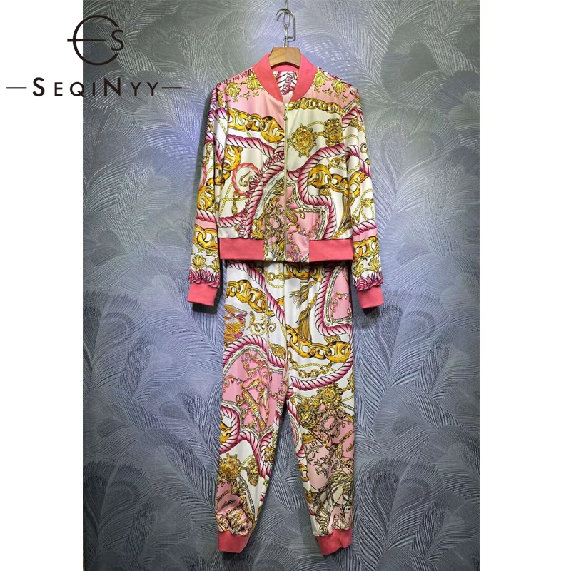 

SEQINYY Pink Causal Set Spring Autumn New 2020 Fashion Design Women Jacket + Elastic Waist Pants Yellow Chain Vintage Print
