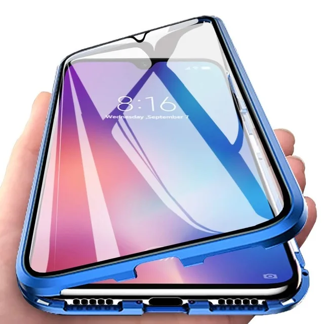 Phone Case For Samsung Galaxy A10 A20 A30 A40 A40S Magnetic Case Glass Magnet Adsorption Case Front and Back Glass Cover Shell - Цвет: Синий