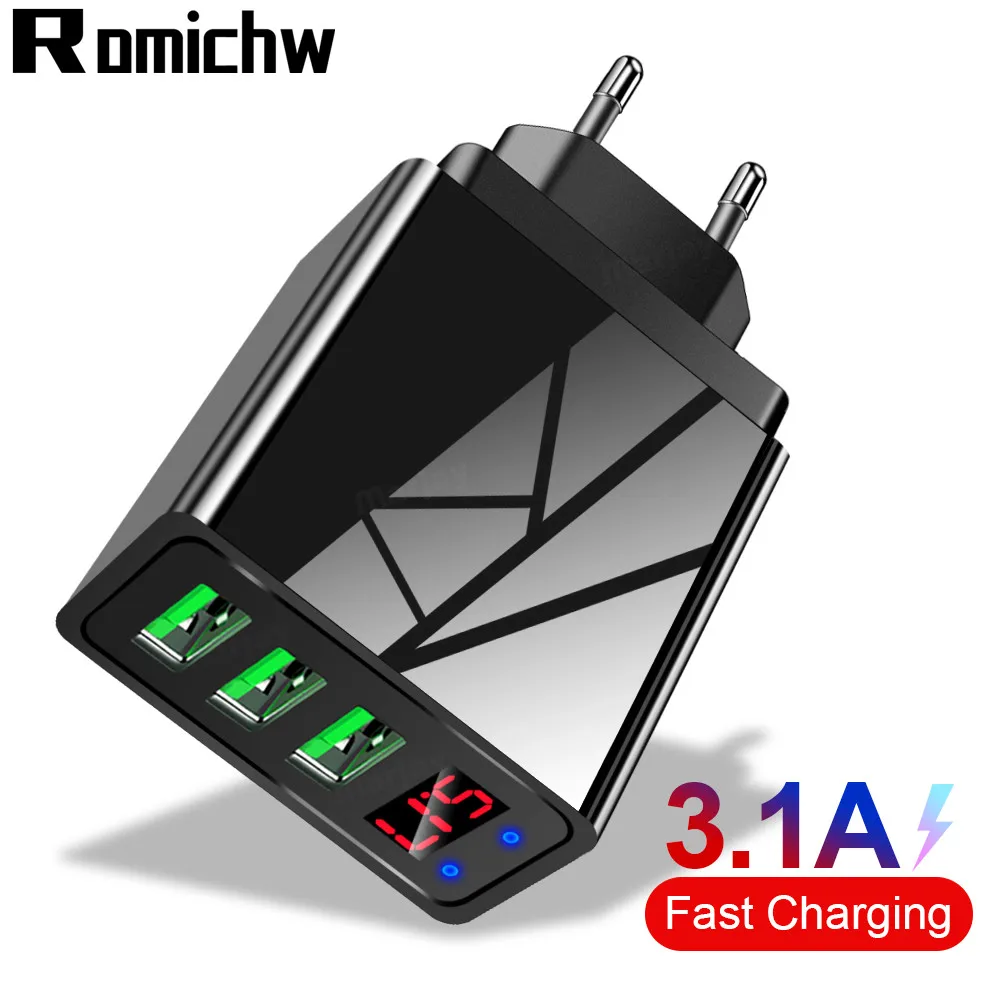

Romichw 3 Port USB Charger LED Display EU US Plug QC 3.0 Fast Wall Charger Mobile Phone Charger For iPhone Samsung Xiaomi Huawei