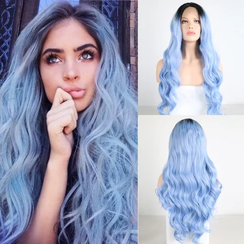 

RONGDUOYI Body Wave Synthetic Lace Front Wig Long Heat Resistant Fiber Lace Wigs for Women Ombre Black Roots Blue Hair Wig